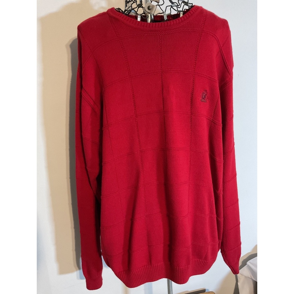 IZOD Mens XL Red Textured Grid 100% Cotton Crewneck Pullover Sweater Long Sleeve